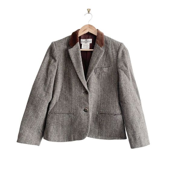 Vintage Baycrest Blazer Wool Silk Tan Gray Tweed Velvet Collar Women's 12 Jacket - Picture 1 of 7